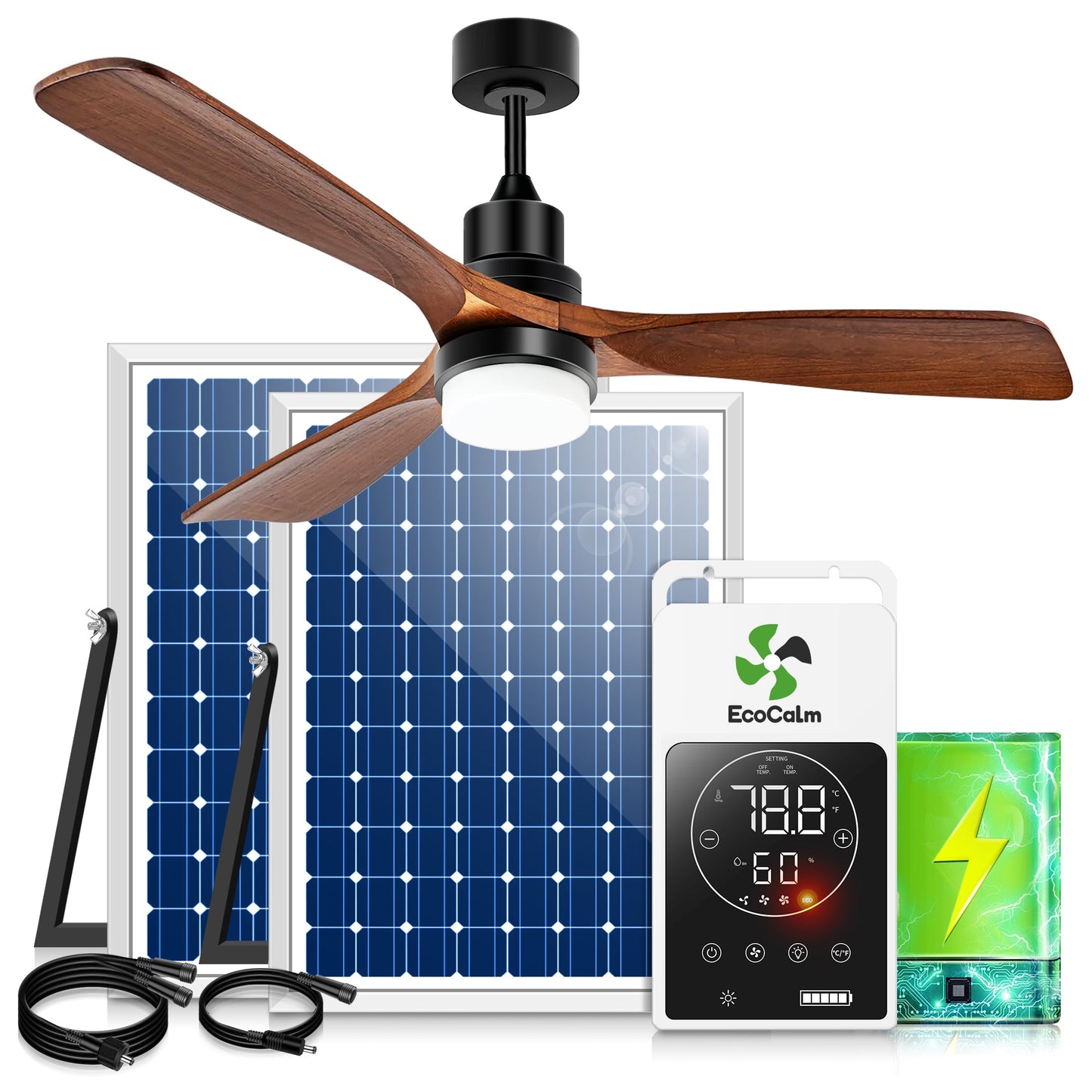 Solar Ceiling Fan Outdoor Fan with Light & Battery. 52 Solar Ceiling Fans for Outside 3 Speeds. Quiet Wood Walnut Fan with Adjustable Thermostat for Gazebo. Patios