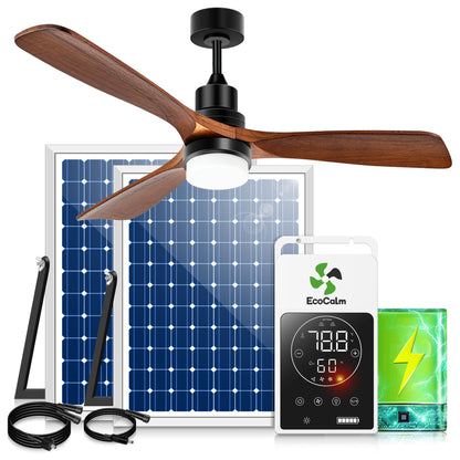 Solar Ceiling Fan Outdoor Fan with Light & Battery. 52 Solar Ceiling Fans for Outside 3 Speeds. Quiet Wood Walnut Fan with Adjustable Thermostat for Gazebo. Patios