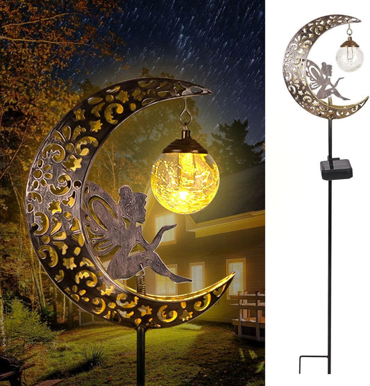 Solar Lights Outdoor Garden Ornaments – Moon Fairy Solar Crackle Glass Lights. Waterproof LED Metal Stake Light for Patio. Lawn & Pathway Decorations