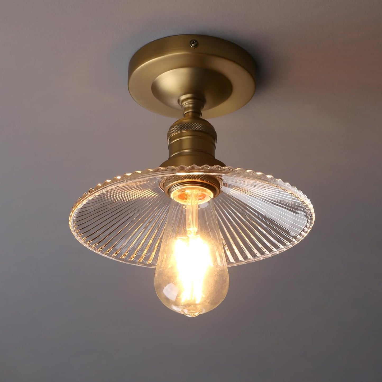 Vintage Ribbed Glass Pendant Ceiling Light. Cone Shade. E27 Base