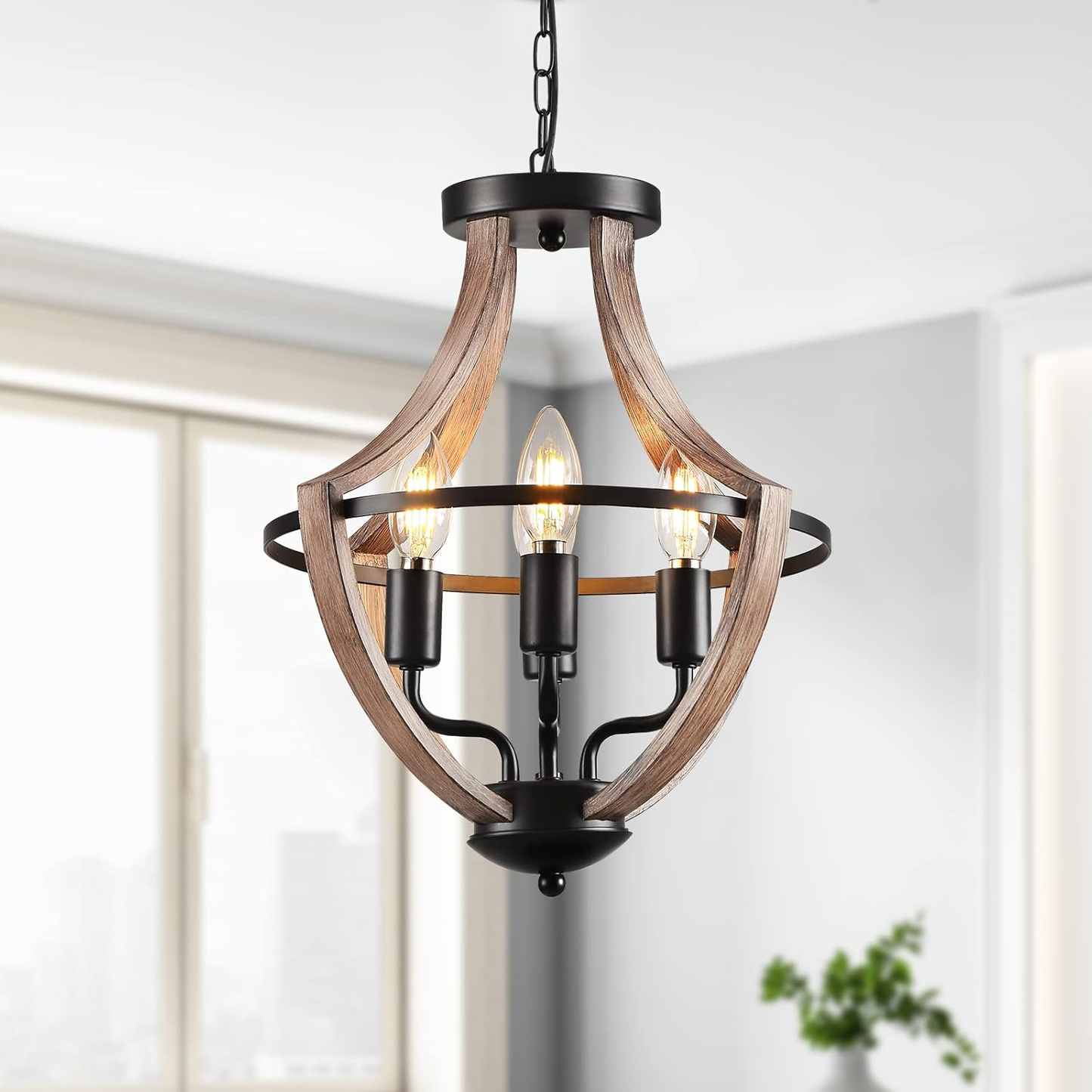 4-Light Farmhouse Chandelier – Retro Flush Mount Ceiling Light Fixture with Wood Grain Finish & Black Metal for Hallway. Dining Room & Bedroom