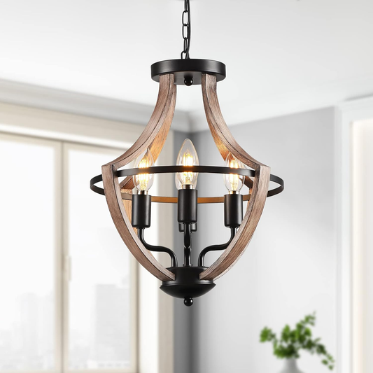 4-Light Farmhouse Chandelier – Retro Flush Mount Ceiling Light Fixture with Wood Grain Finish & Black Metal for Hallway. Dining Room & Bedroom