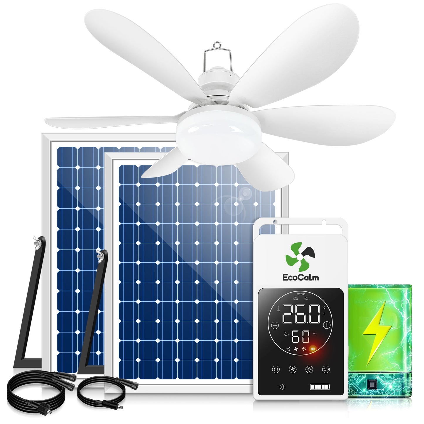 Solar Ceiling Fan Light with Battery. 20 Outdoor Ceiling Fans with Adjustable Thermostat & 2pcs 15W Bifacial Solar Panels. Solar Powered Fan for Gazebo. Chicken Coop. RV
