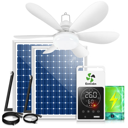 Solar Ceiling Fan Light with Battery. 20 Outdoor Ceiling Fans with Adjustable Thermostat & 2pcs 15W Bifacial Solar Panels. Solar Powered Fan for Gazebo. Chicken Coop. RV