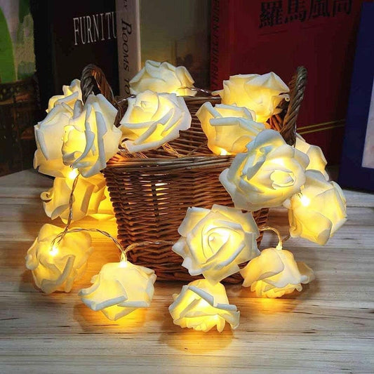 LED Rose Flower String Lights. 20 Warm White Battery Fairy Lights