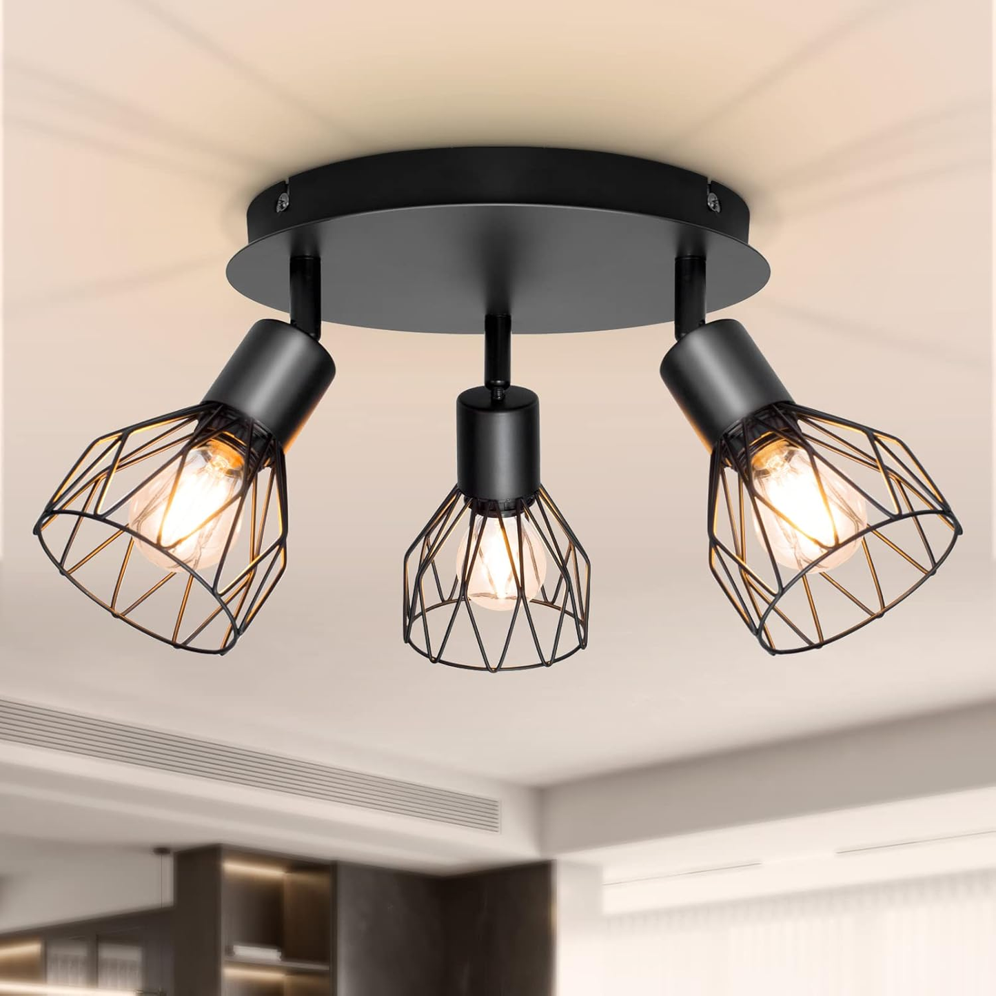Spot Light Fittings for Ceilings Adjustable Metal Wire Cage Kitchen Spotlight Ceiling Lights with E14 Base Black 3 Way Ceiling Light Industrial