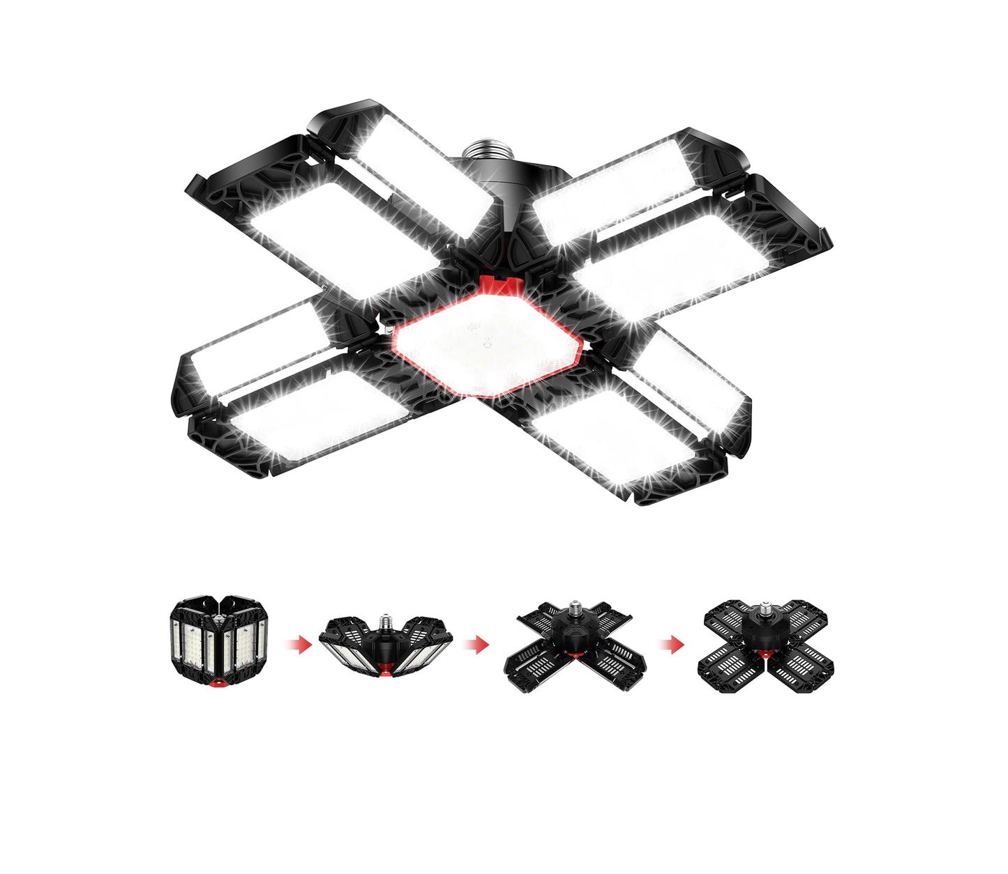 200W LED Garage Light 1 Pack - 20000LM 6500K Deformable Ceiling Lighting Fixture with 12 Adjustable Panels - E26/E27 Bay Light for Basement