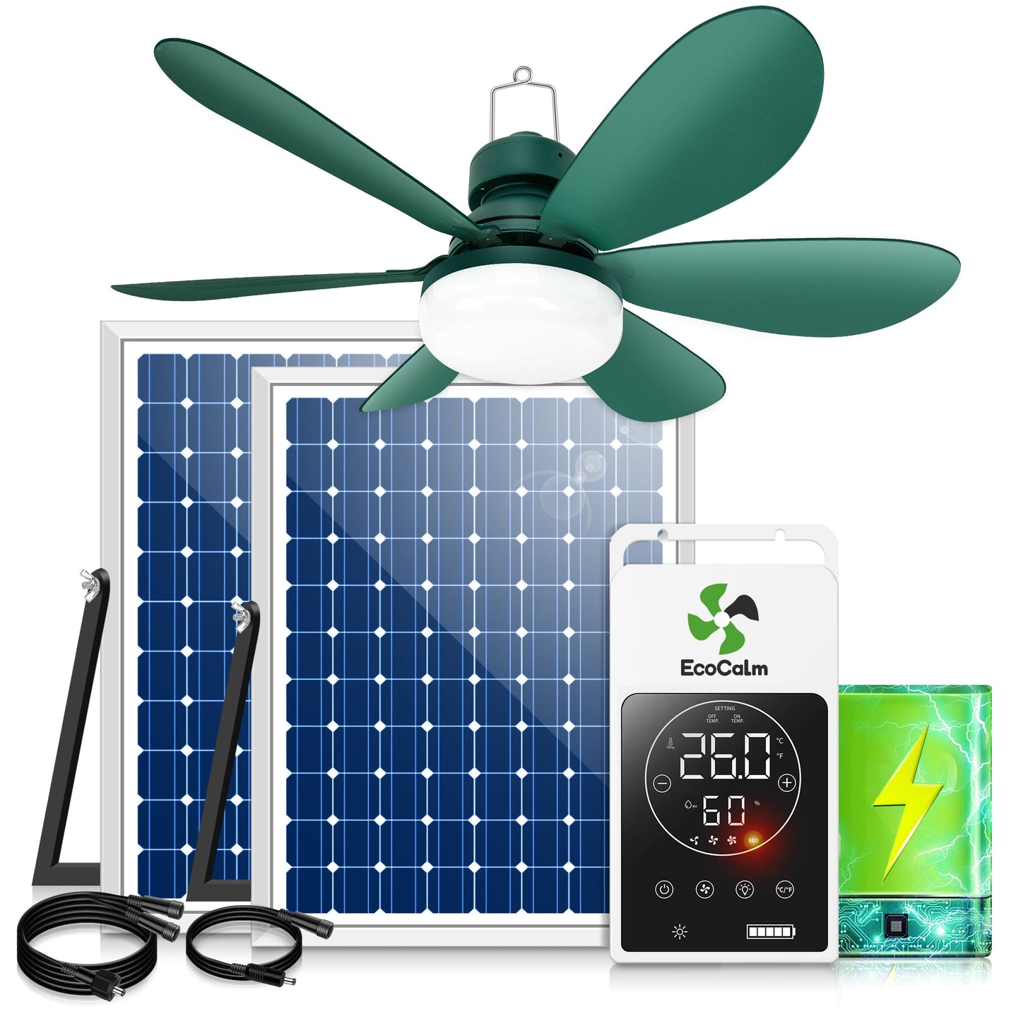 Solar Ceiling Fan Light with Battery. 20 Outdoor Ceiling Fans with Adjustable Thermostat & 2pcs 15W Bifacial Solar Panels. Solar Powered Fan for Gazebo. Chicken Coop. RV