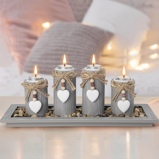 Set of 4 Wooden Tealight Candle Holders with Tray