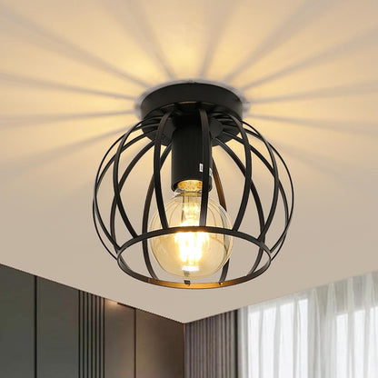 Vintage Semi Flush Ceiling Light – Black Metal Cage Fixture with E27 Holder for Living Room. Kitchen. Bedroom. or Hallway