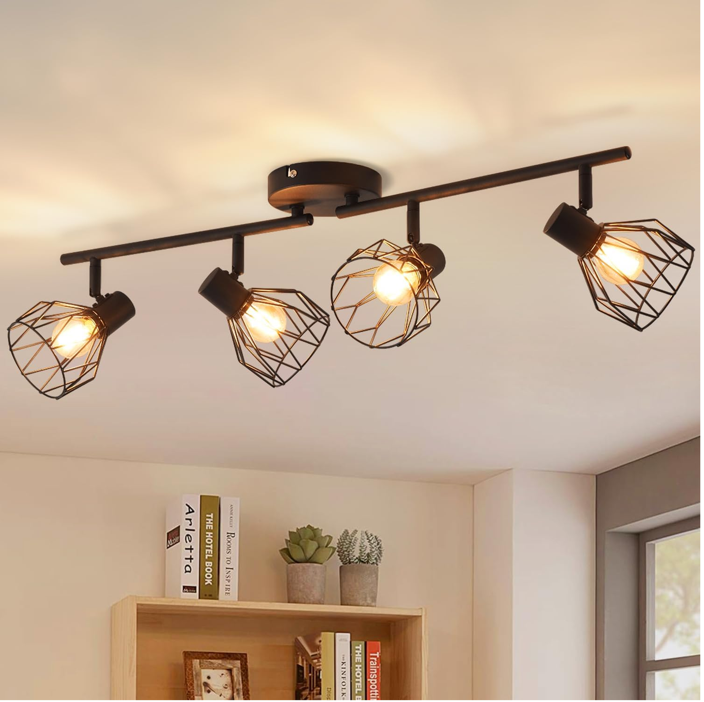 Kitchen Lights Ceiling.4 Way Black Lounge Industrial Wall Lights-Adjustable SpotLights Ceiling Lights Wire Cage with E14 Base. Light Fittings Ceilings