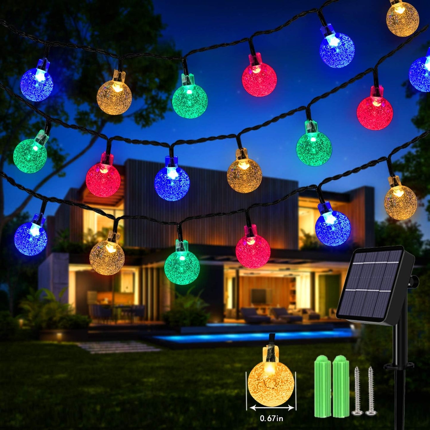 59Ft 100 LED Solar Globe String Lights – Multicolour. Waterproof. 8 Modes