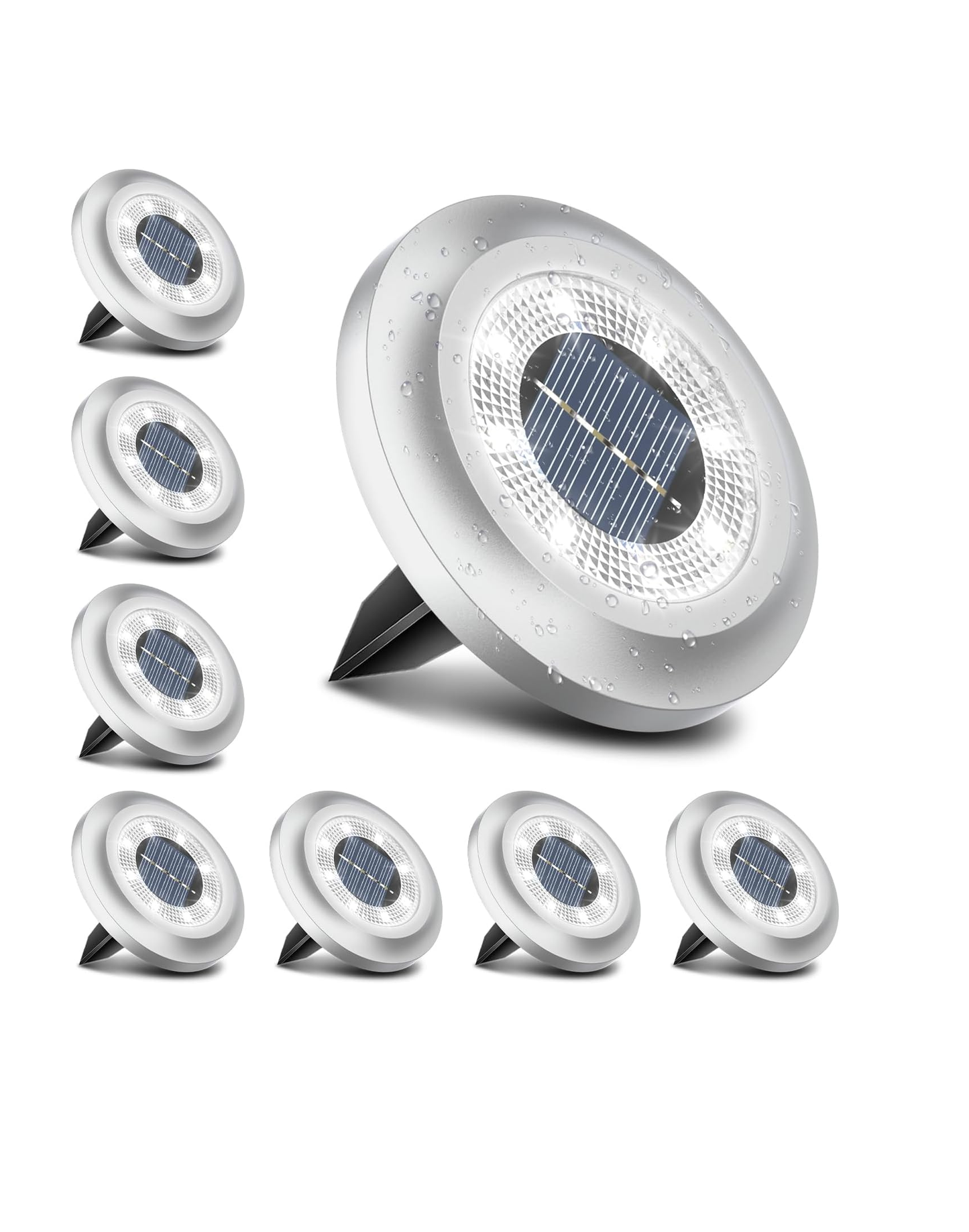 8-Pack Solar Disk Lights. Bright White Outdoor Pathway Lamps