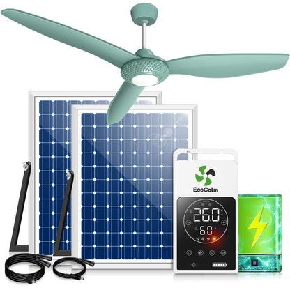 Solar Outdoor Ceiling Fan Light for Gazebo with Battery. 52 Solar Ceiling Fan with Adjustable Thermostat & 2pcs 30W Bifacial Panels for Patios. Porch. Barn. Shed