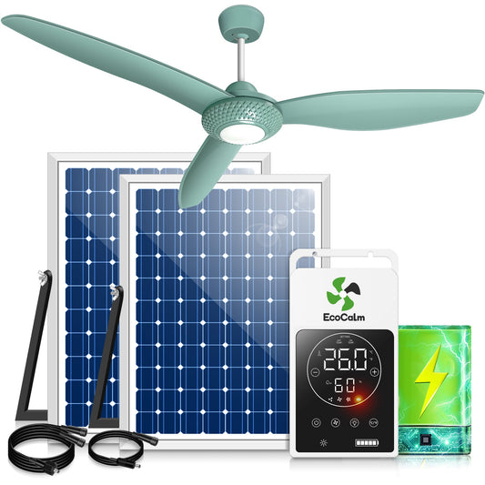 Solar Outdoor Ceiling Fan Light for Gazebo with Battery. 52 Solar Ceiling Fan with Adjustable Thermostat & 2pcs 30W Bifacial Panels for Patios. Porch. Barn. Shed