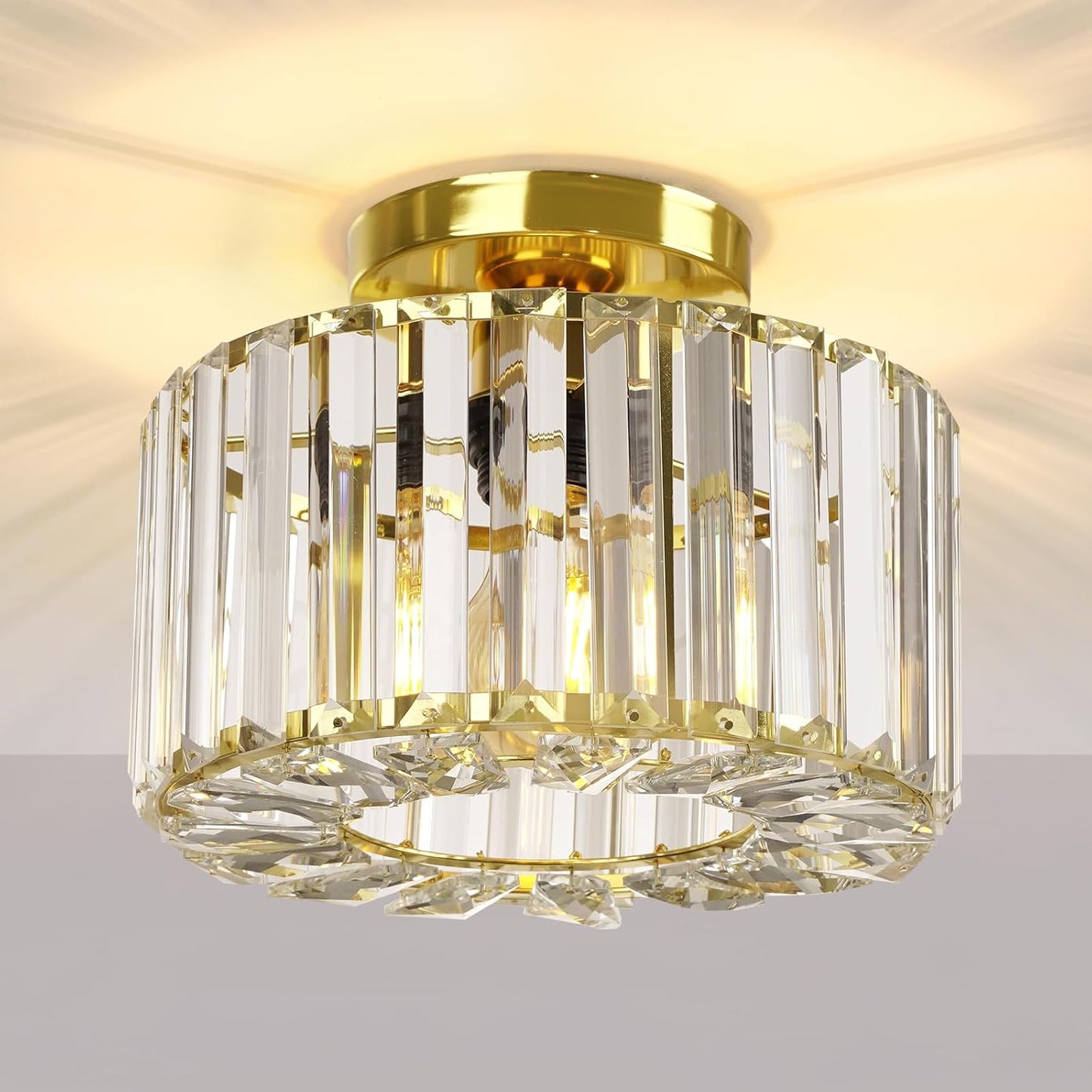 Gold Crystal Semi Flush Mount Ceiling Light. Modern Industrial Fixture