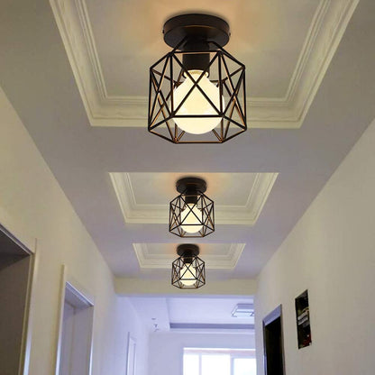 Vintage Semi Flush Ceiling Light – Black Metal Cage Fixture with E27 Holder for Living Room. Kitchen. Bedroom. or Hallway