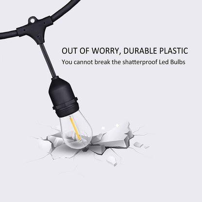 48FT Outdoor LED String Lights. S14 Festoon Lights with 15 E27 Sockets. IP65 Waterproof. 2700K Warm White for Garden. Patio. Party