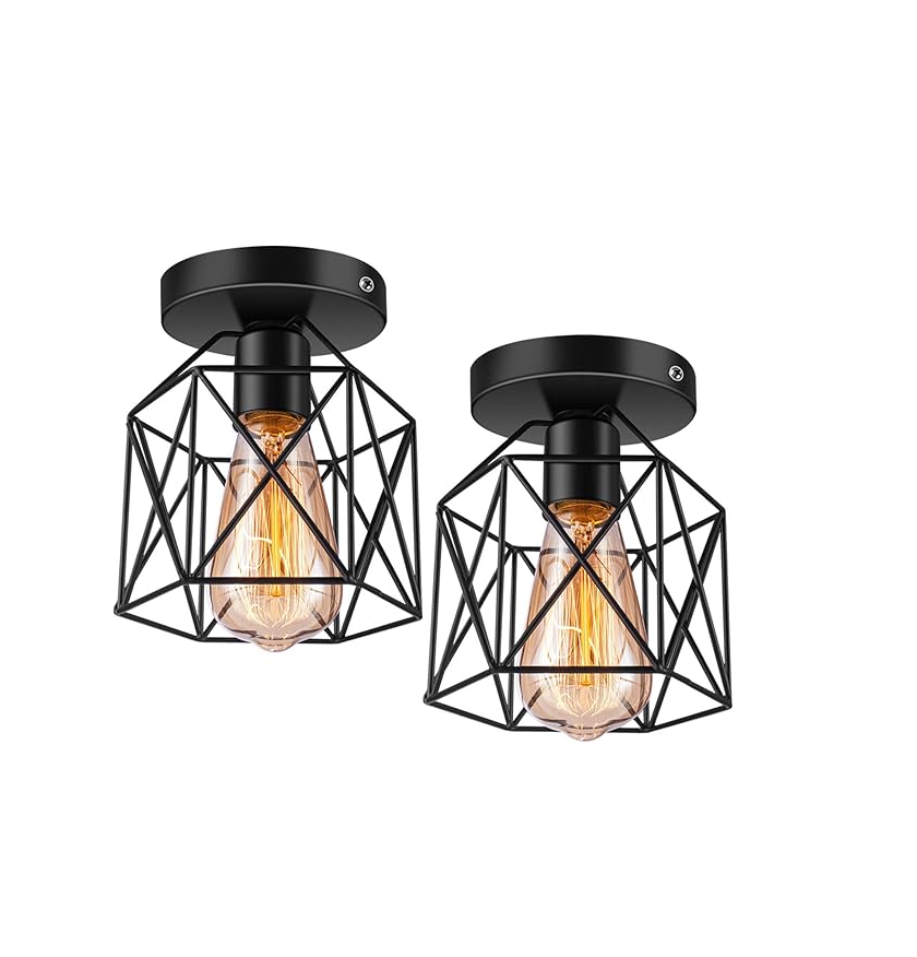 Modern Black Wire Frame Ceiling Light - Semi-Flush Mount Design for Living Room. E27 LED Bulb Fixture. Pack of 2