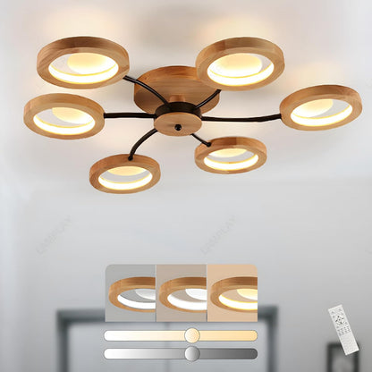 94cm LED Wooden Ceiling Light – Dimmable with Remote. Flower Design