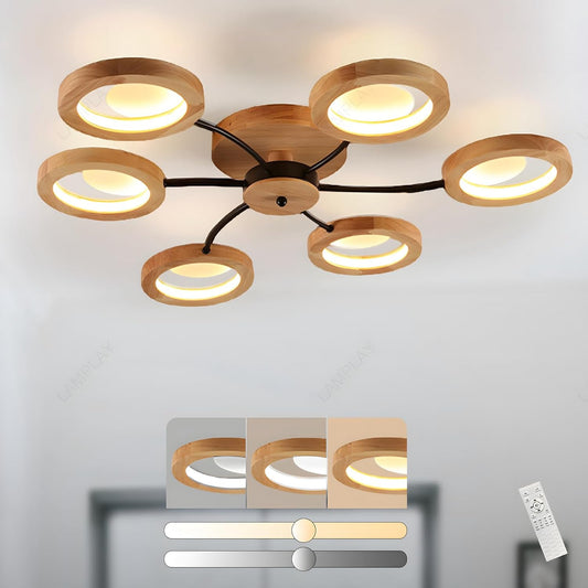 94cm LED Wooden Ceiling Light – Dimmable with Remote. Flower Design