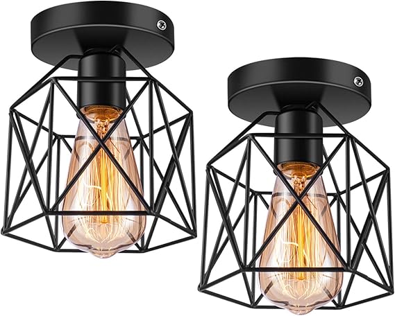 Modern Black Wire Frame Ceiling Light - Semi-Flush Mount Design for Living Room. E27 LED Bulb Fixture. Pack of 2