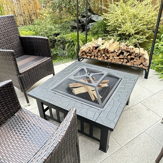 Square Metal Wood Fire Pit Table