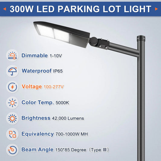 300W LED Parking Lot Light-Shoebox Area Light-AC 120~277V-42.000 Lumens-CCT 5000K-1.000W Metal Halide Equivalent-UL+DLC 5.1