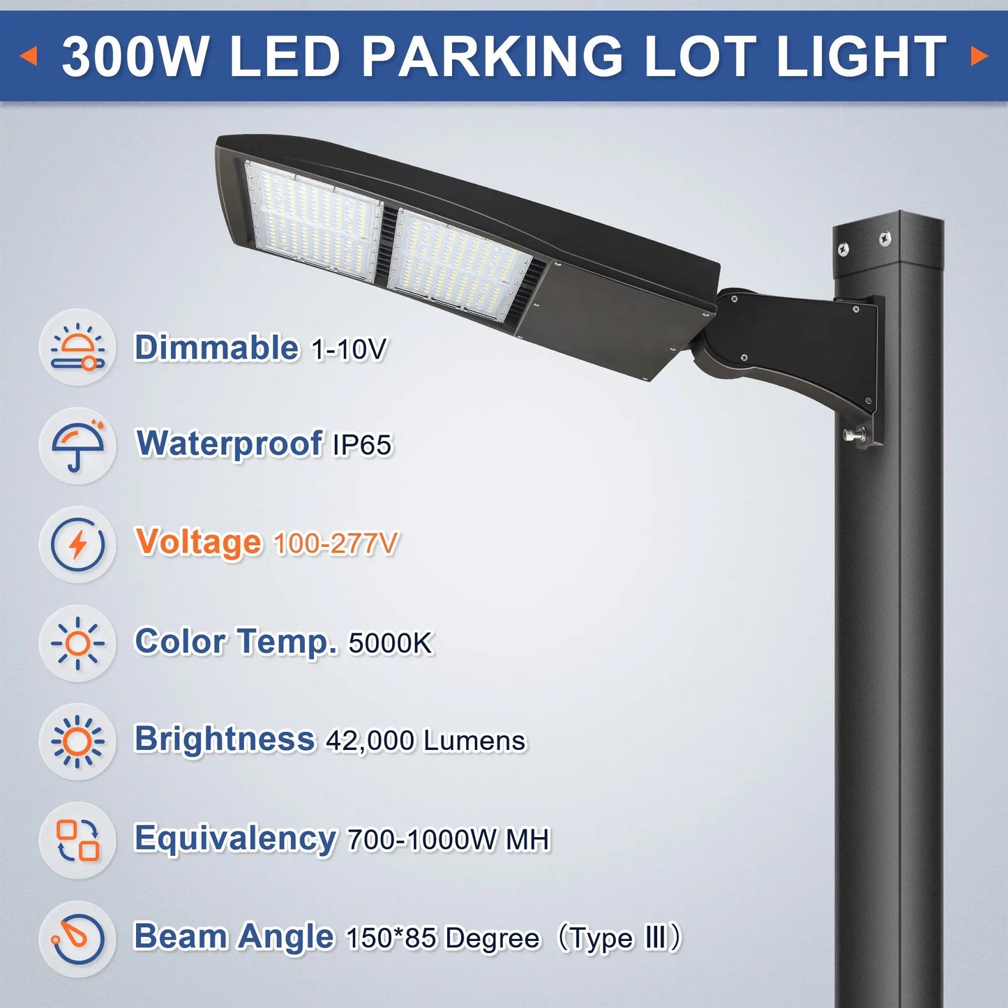 300W LED Parking Lot Light-Shoebox Area Light-AC 120~277V-42.000 Lumens-CCT 5000K-1.000W Metal Halide Equivalent-UL+DLC 5.1