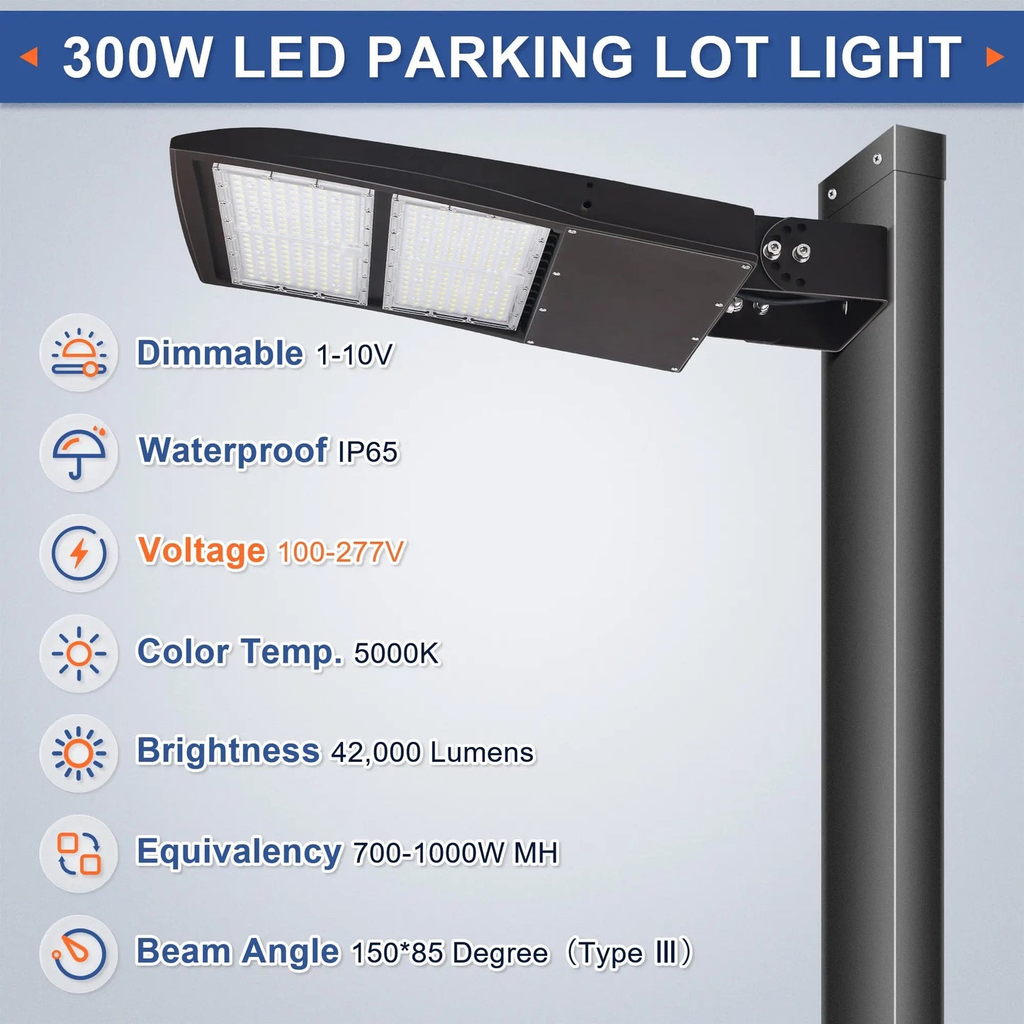 LED Parking Lot Light - 200W/240W/300W Selectable - 42000LM 5000K - Type III Shoebox Light - 120-277V - UL DLC Commercial Area Lighting