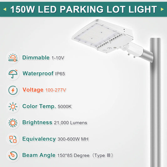 150W LED Shoebox Parking Lot Light – 5000K Daylight. White Housing. Outdoor Area & Street Light. UL Listed. AC 100-277V (No Photocell)