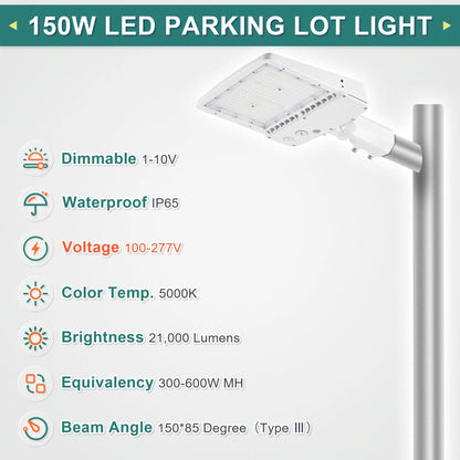 150W LED Shoebox Parking Lot Light – 5000K Daylight. White Housing. Outdoor Area & Street Light. UL Listed. AC 100-277V (No Photocell)