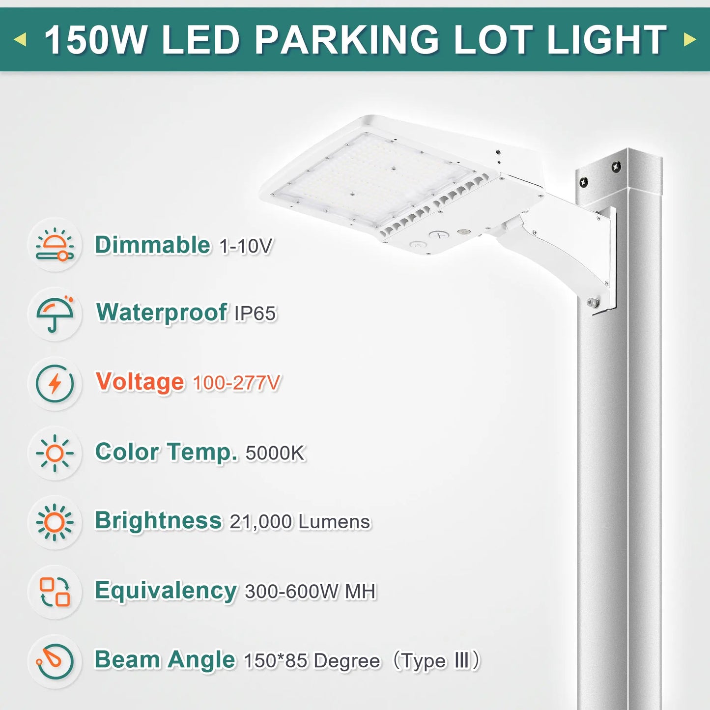 150W LED Shoebox Parking Lot Light – 5000K Daylight. White Housing. Outdoor Area & Street Light. UL Listed. AC 100-277V (No Photocell)