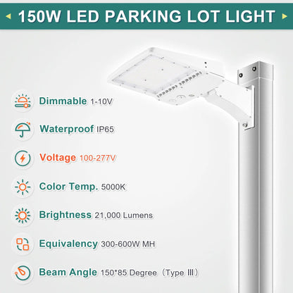 150W LED Shoebox Parking Lot Light – 5000K Daylight. White Housing. Outdoor Area & Street Light. UL Listed. AC 100-277V (No Photocell)