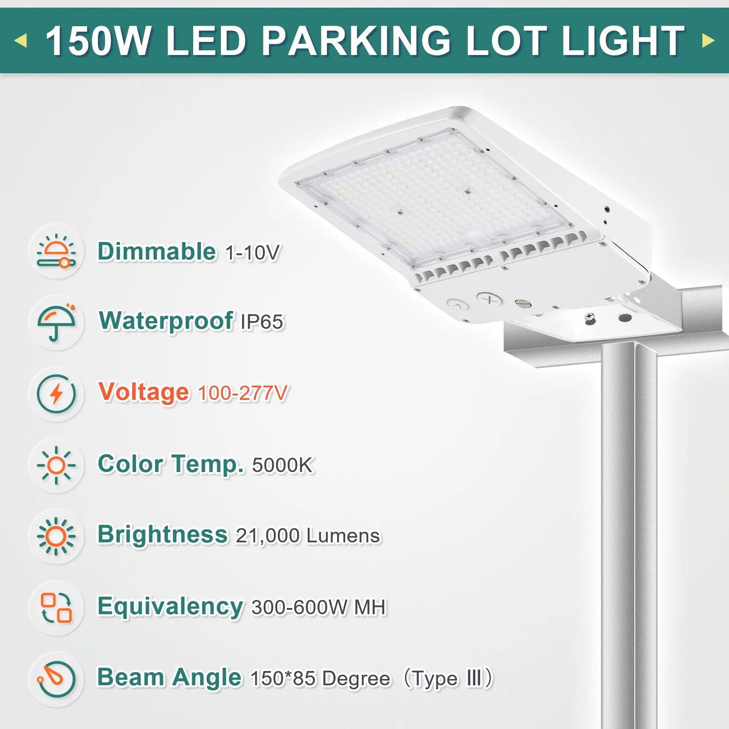 150W LED Shoebox Parking Lot Light – 5000K Daylight. White Housing. Outdoor Area & Street Light. UL Listed. AC 100-277V (No Photocell)