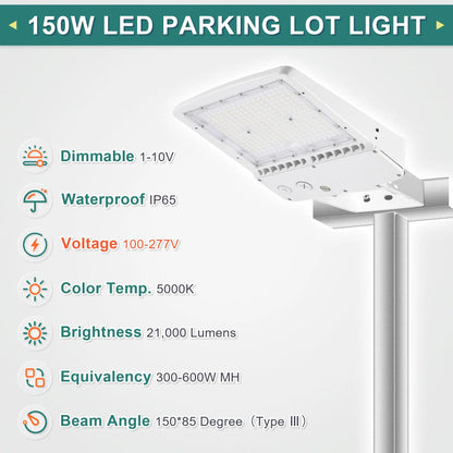 150W LED Shoebox Parking Lot Light – 5000K Daylight. White Housing. Outdoor Area & Street Light. UL Listed. AC 100-277V (No Photocell)