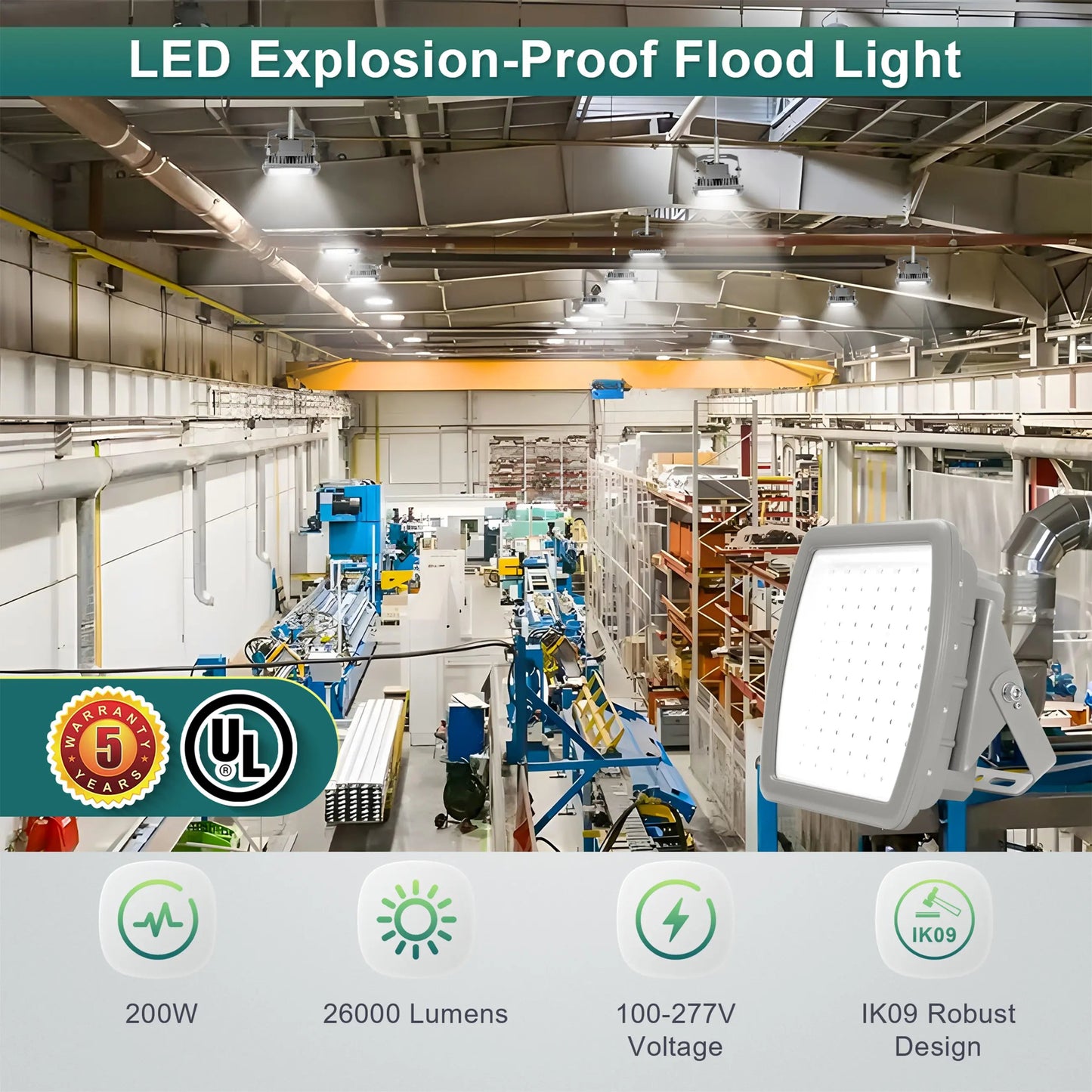 200W Explosion Proof LED Flood Light. Class I Division 2. 26.000 Lumens. 5000K. 100-277V