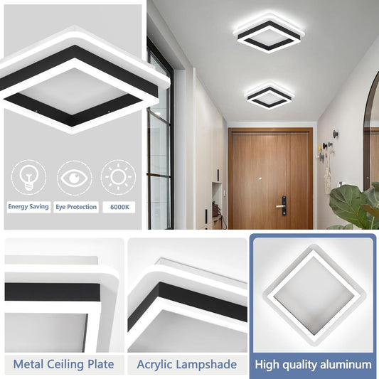 Square Modern Led Ceiling Light Fixture. 24W Black Flush Mount Hallway Ceiling Light Small Close to Ceiling Lamp for Living Room Bedroom Kitchen Balcony Cloakroom (Cool White. 6000K)