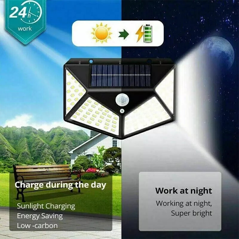 100 LED Solar Security Light. PIR Motion Sensor Wall Light. 3 Modes. 270° Wide Angle. IP65 Waterproof for Outdoor Garden