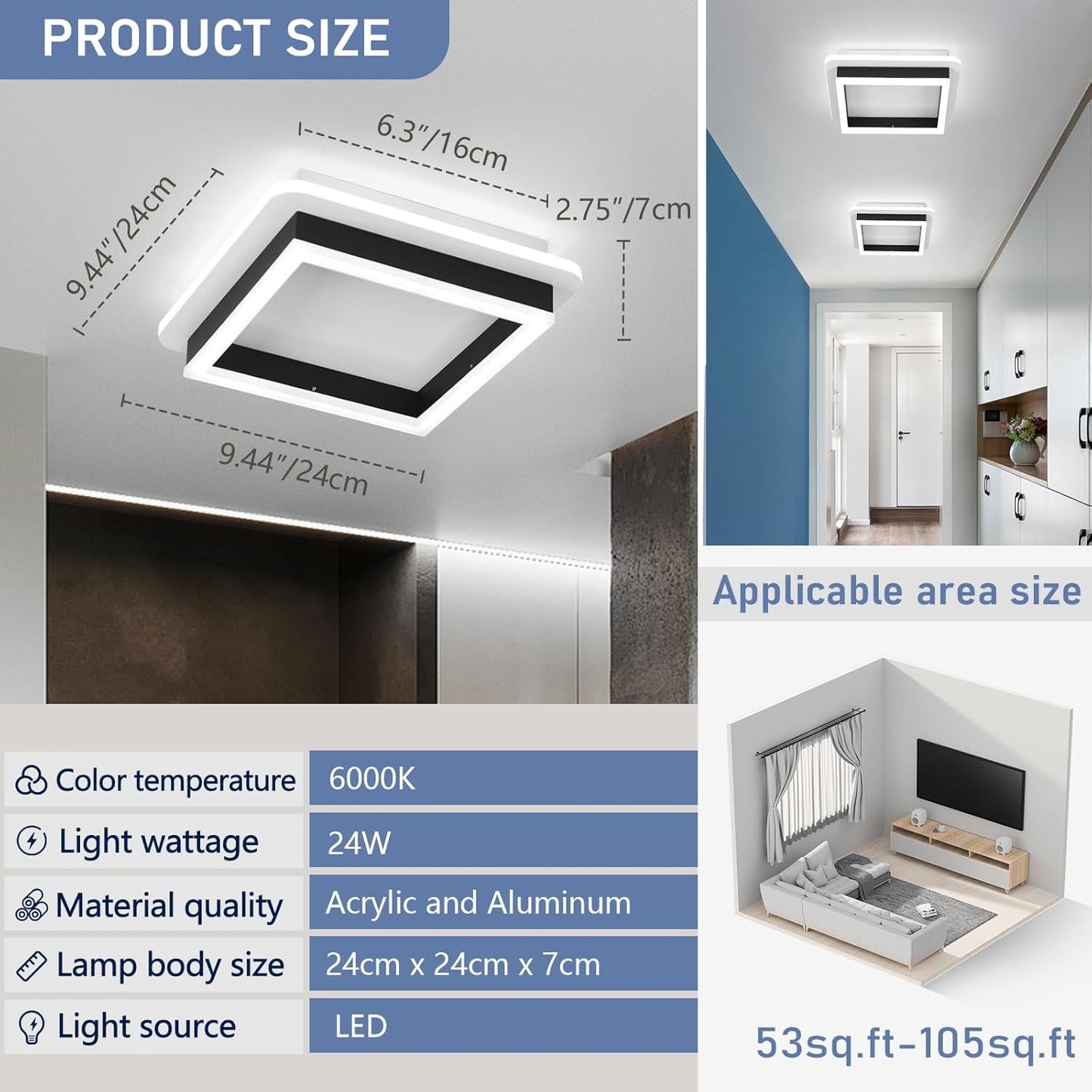 Square Modern Led Ceiling Light Fixture. 24W Black Flush Mount Hallway Ceiling Light Small Close to Ceiling Lamp for Living Room Bedroom Kitchen Balcony Cloakroom (Cool White. 6000K)