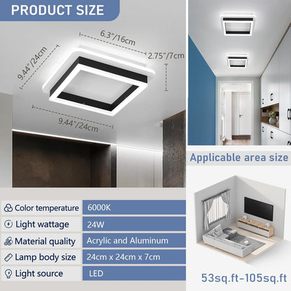 Square Modern Led Ceiling Light Fixture. 24W Black Flush Mount Hallway Ceiling Light Small Close to Ceiling Lamp for Living Room Bedroom Kitchen Balcony Cloakroom (Cool White. 6000K)