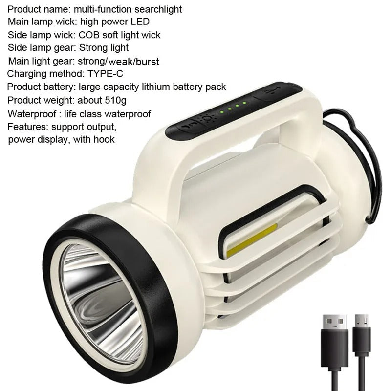 Portable LED Spotlight with Side Camping Light USB Rechargeable Searchlight with Power Bank Flood Flashlight