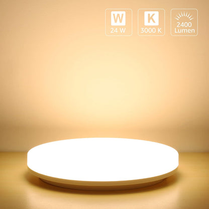 24W LED Ceiling Light. Waterproof IP54. Warm White 3000K. 200W Incandescent Bulb Equivalent. 2400lm Flush Mount Lighting Fitting for Bathroom. Bedroom. Kitchen. Hallway
