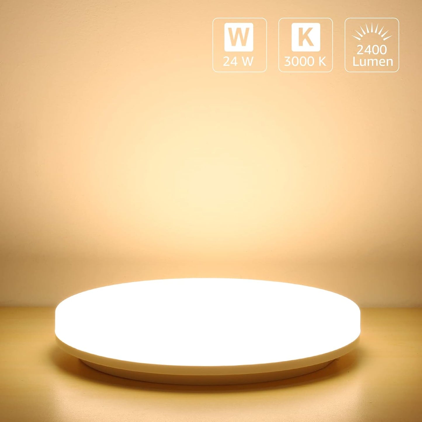 24W LED Ceiling Light. Waterproof IP54. Warm White 3000K. 200W Incandescent Bulb Equivalent. 2400lm Flush Mount Lighting Fitting for Bathroom. Bedroom. Kitchen. Hallway