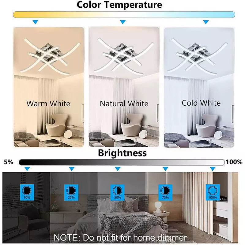 Modern LED Ceiling Light. 4-Wave Design. Dimmable Fixture for Bedroom and Hallway