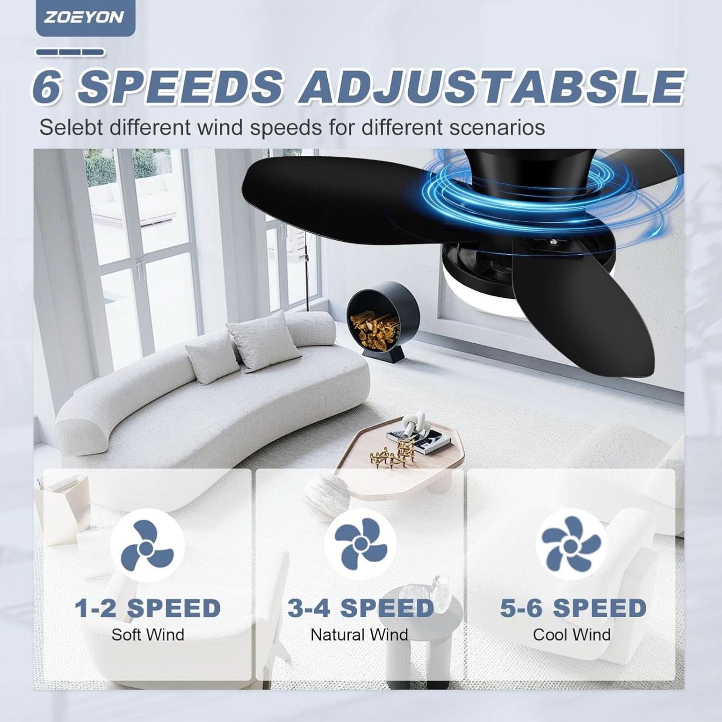 Black 26 Inch Flush Mount Ceiling Fan With Remote Control