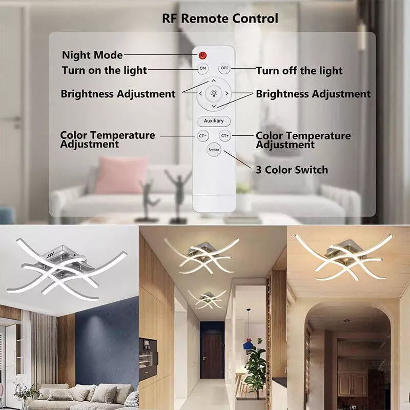 Modern LED Ceiling Light. 4-Wave Design. Dimmable Fixture for Bedroom and Hallway