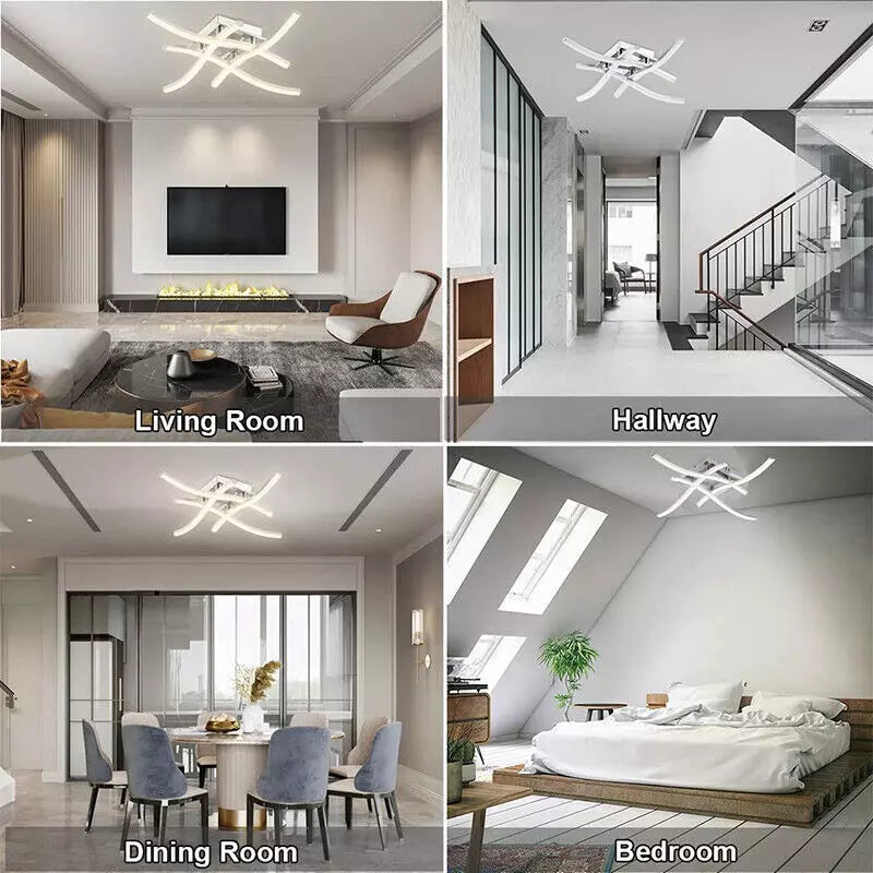 Modern LED Ceiling Light. 4-Wave Design. Dimmable Fixture for Bedroom and Hallway