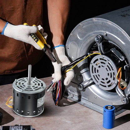 1/2HP Furnace Blower Motor. 208/230V 2.7Amps. 1075RPM 5 Speeds. CW/CCW Rotation. 48 Frame 3.4' Shaft Length. 7.5μF/450V Capacitor + 11' Hold Hoop