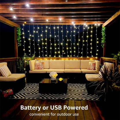 300 LED Curtain Lights – Warm White. 8 Modes